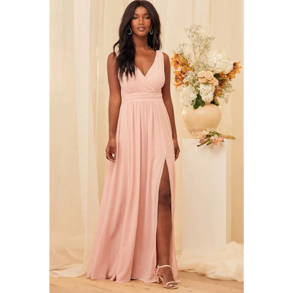 Lulus‎ Bridesmaid Maxi Dress Size 2X Blush Pink Thoughts of Hue Surplice Chiffon - Picture 3 of 16